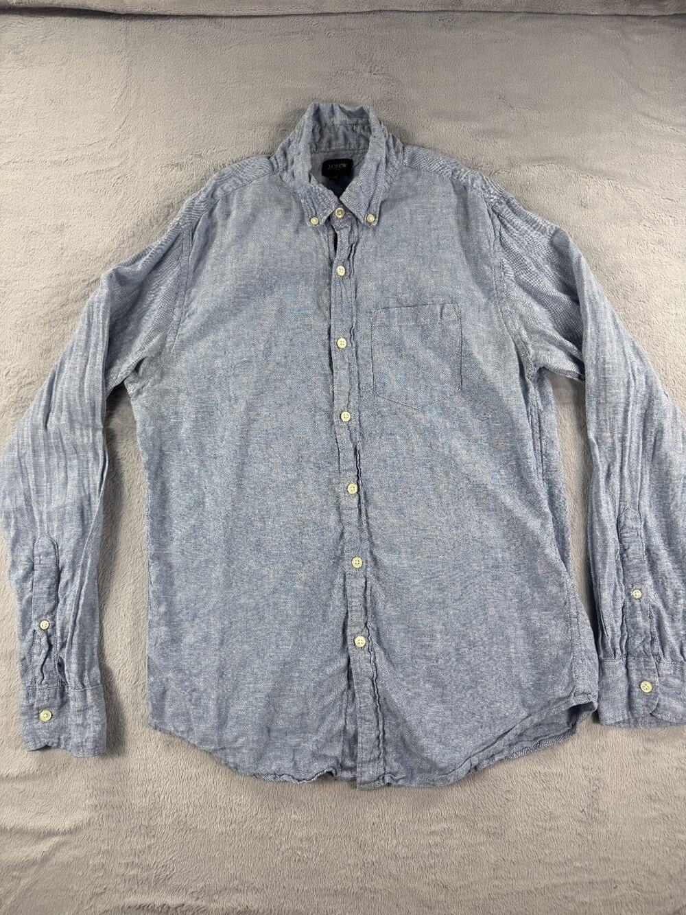 J CREW Men's Blue Linen Button Down Shirt Long Sleeve Casual Size Small